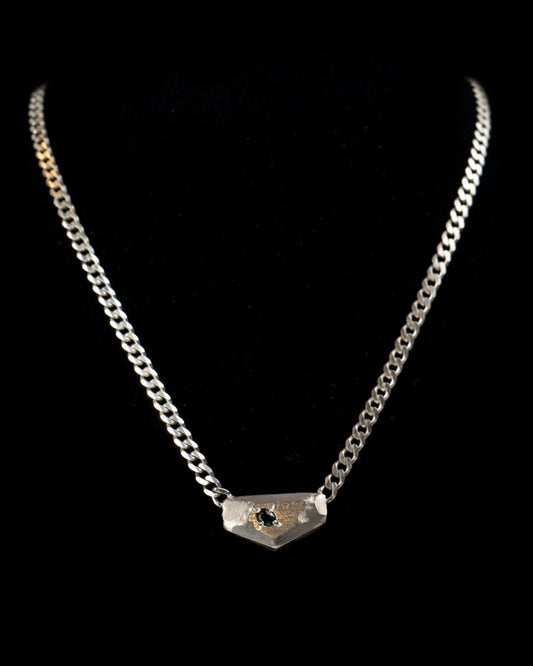 N2409 Raw Geometric Sterling Necklace w/ Australian Sapphire on Curb Chain by Revere