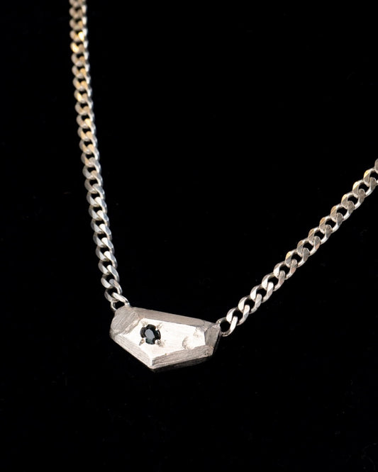 N2409 Raw Geometric Sterling Necklace w/ Australian Sapphire on Curb Chain by Revere