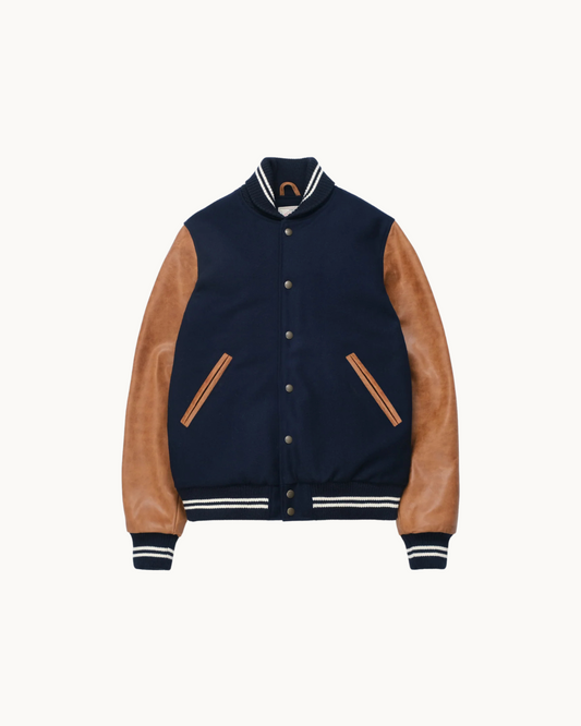 Varsity Jacket - Dark Navy Melton/Antique Rust Leather by Dehen 1920