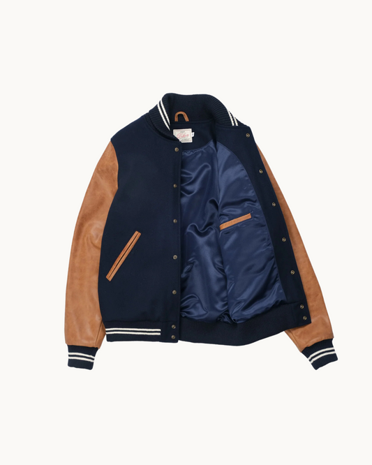 Varsity Jacket - Dark Navy Melton/Antique Rust Leather by Dehen 1920