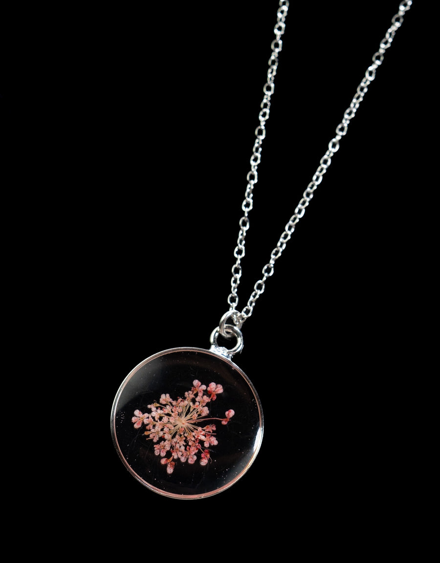 Pink Queen Anne's Lace Clear Circle Pendant SS by Lace & Pearls Jewelry