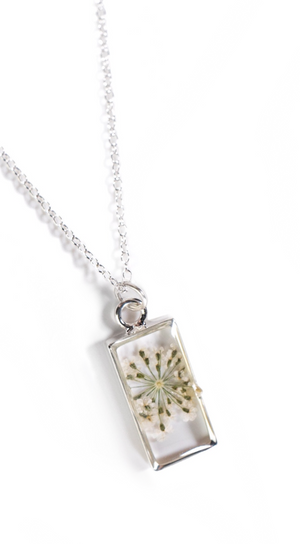 White Queen Anne's Lace Clear Rectangle Pendant SS by Lace & Pearls Jewelry