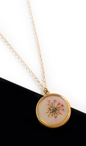Pink Queen Anne's Lace w/White Background Circle Pendant 14k GF by Lace & Pearls Jewelry