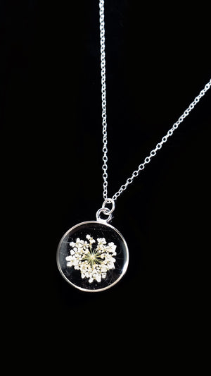 White Queen Anne's Lace Clear Circle Pendant SS by Lace & Pearls Jewelry