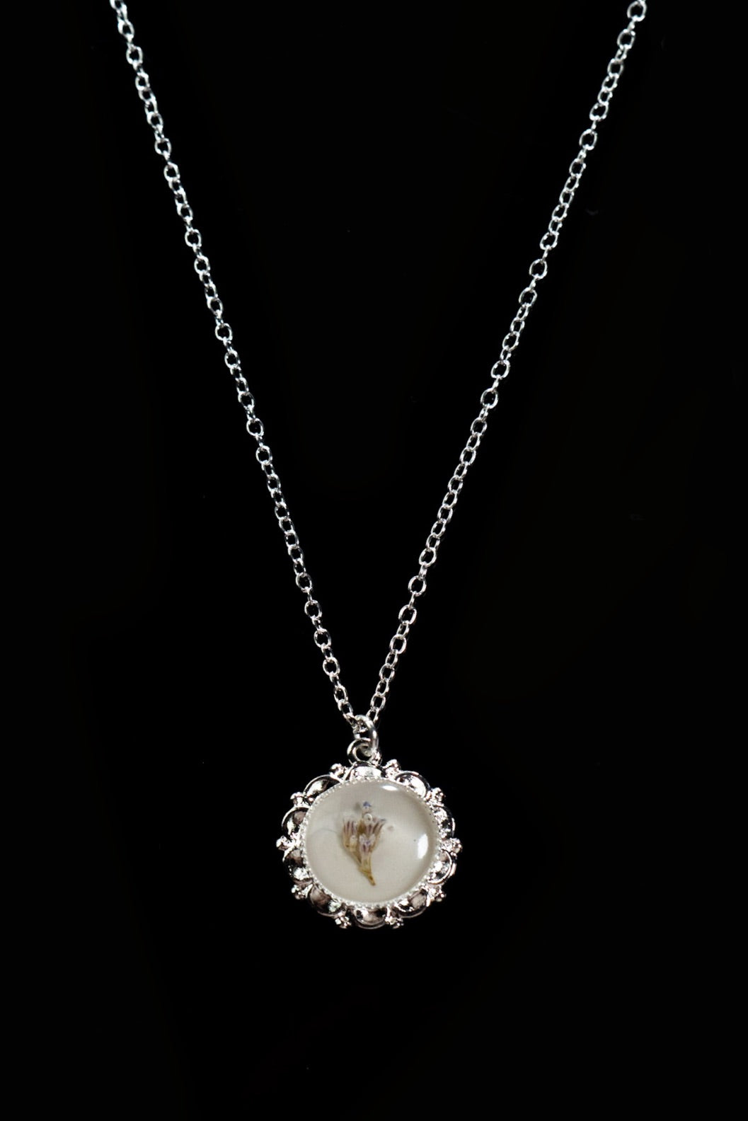 Beige/Baby's Breath Pressed Flower Long Circle Pendant Necklace SS by Lace & Pearls Jewelry