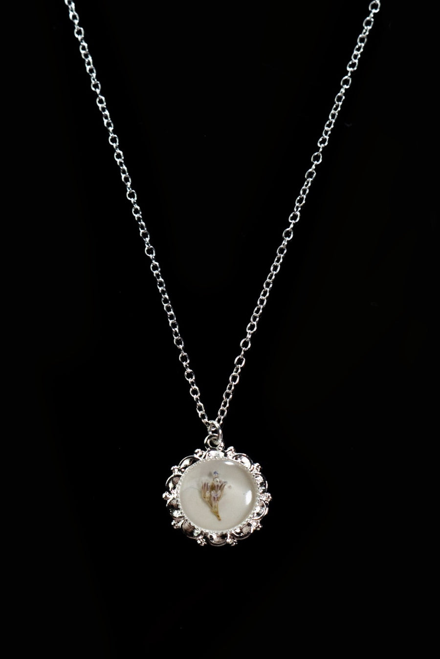 Beige/Baby's Breath Pressed Flower Long Circle Pendant Necklace SS by Lace & Pearls Jewelry