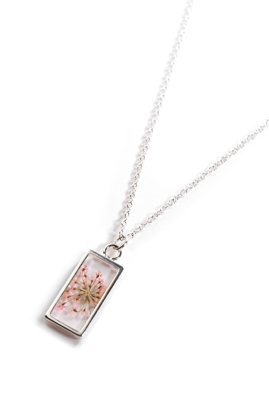 Pink Queen Anne's Lace Clear Rectangle Pendant SS by Lace & Pearls Jewelry