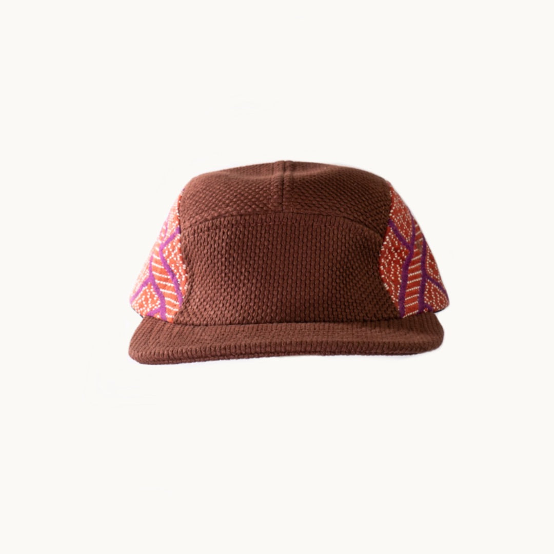 Burnt Scarlet and Violet Sashiko Hishi X Sashi-Ori 5-Panel Cap by Kiriko