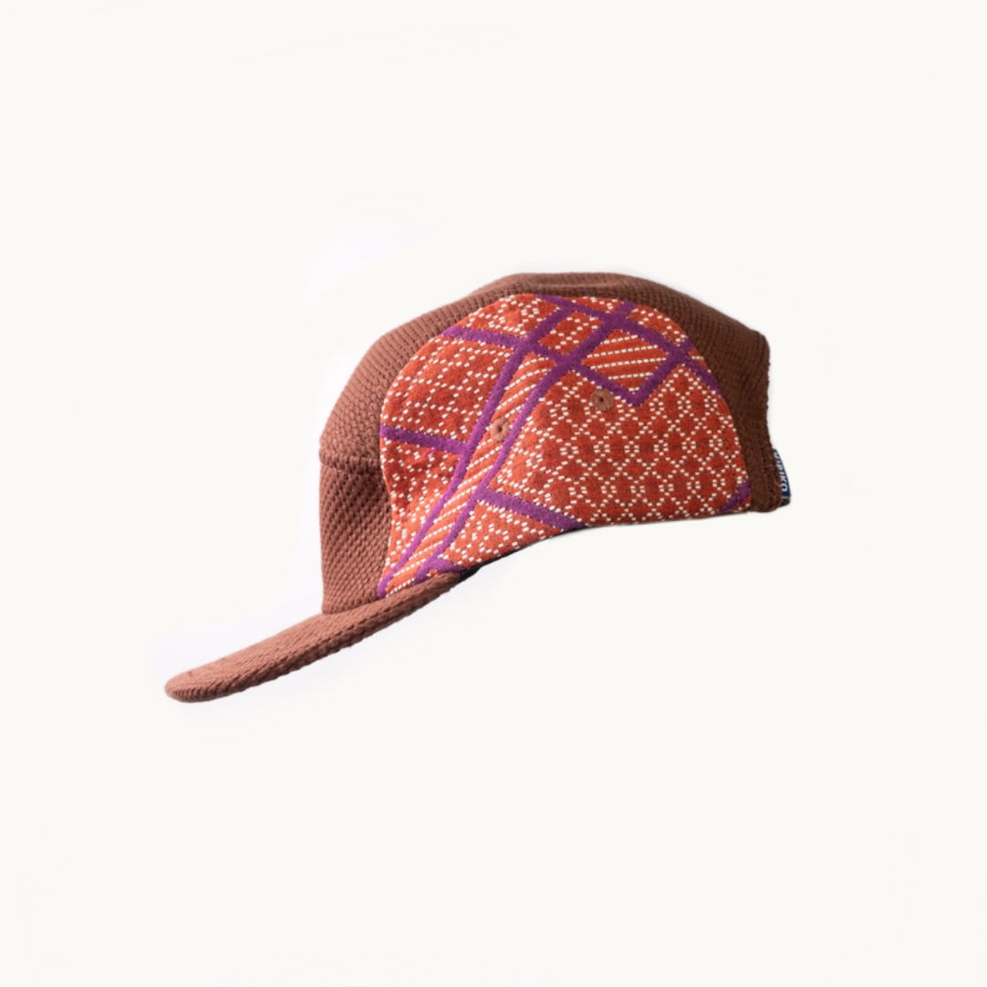 Burnt Scarlet and Violet Sashiko Hishi X Sashi-Ori 5-Panel Cap by Kiriko