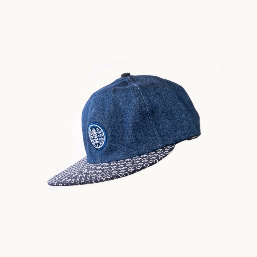 Indigo Sashiko & Light Indigo Denim w/Logo Patch 6-Panel Cap by Kiriko