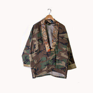 Custom Camo Military Jacket Patched Ainu, size Large by Kiriko