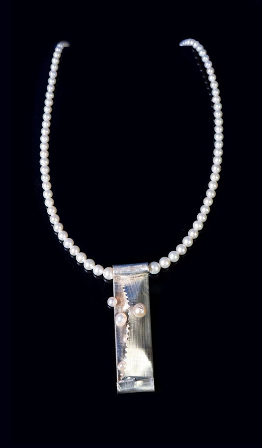 SS Gum Wrapper Pendant w/Pearls & Small Diamond on Pearl Strand by Betsy Lehndorff