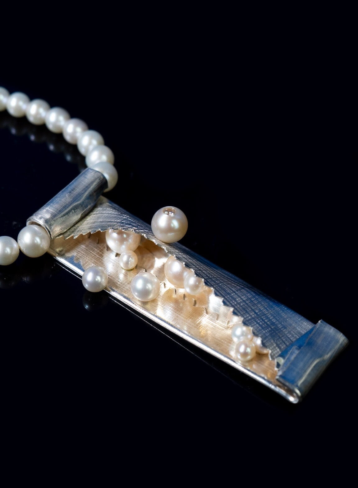 SS Gum Wrapper Pendant w/Pearls & Small Diamond on Pearl Strand by Betsy Lehndorff