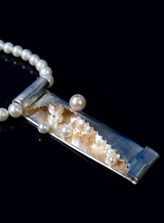 SS Gum Wrapper Pendant w/Pearls & Small Diamond on Pearl Strand by Betsy Lehndorff