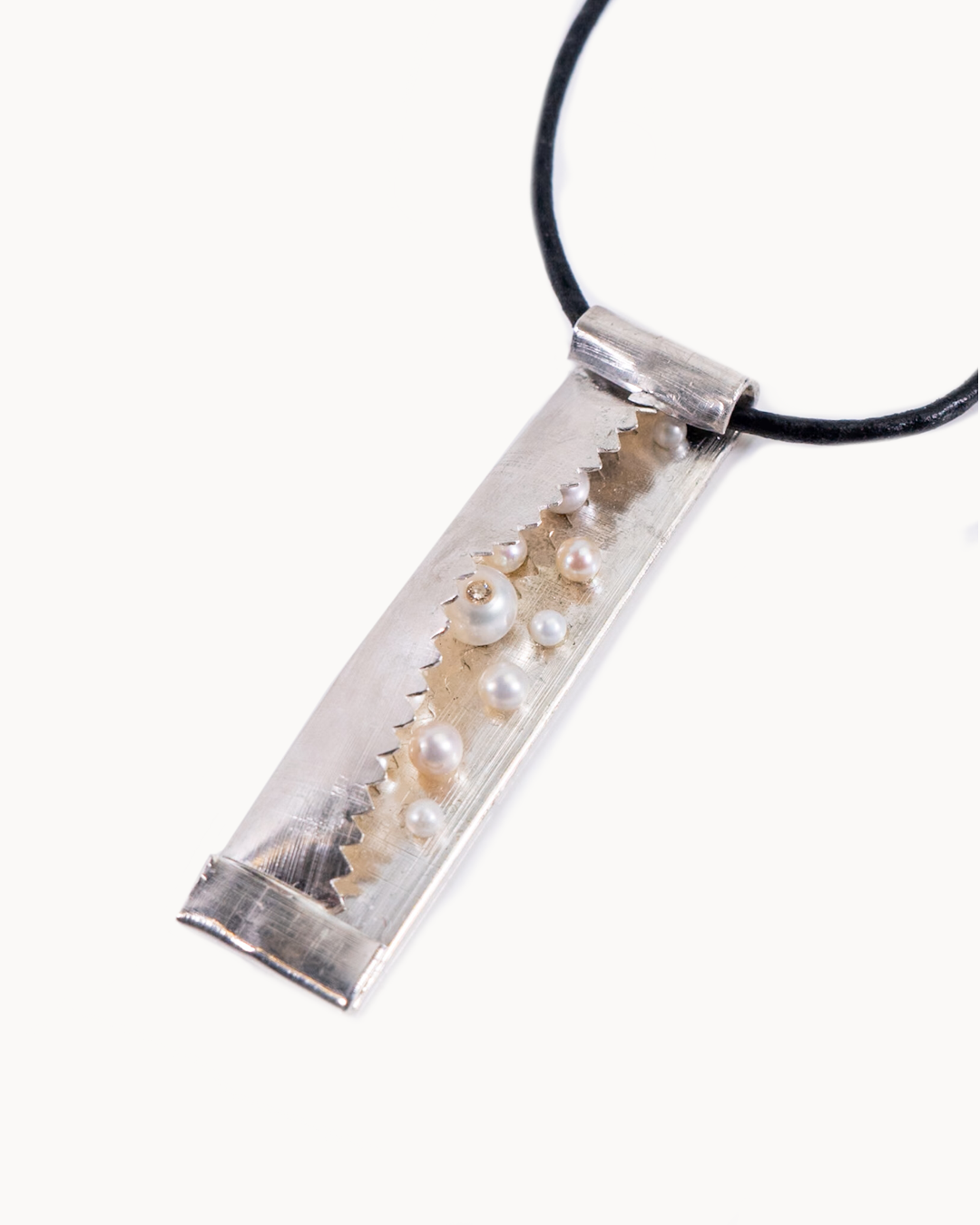 SS Gum Wrapper Pendant w/ Pearls & Small Diamond on Leather Cord by Betsy Lehndorff