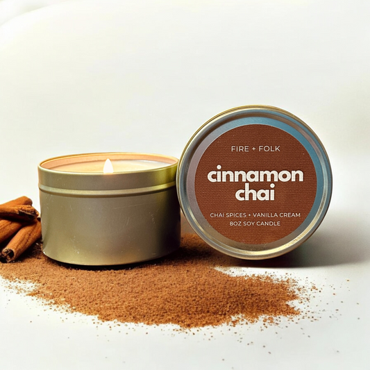 Cinnamon Chai 8oz Soy Candle Tin w/Wood Wick by Fire + Folk
