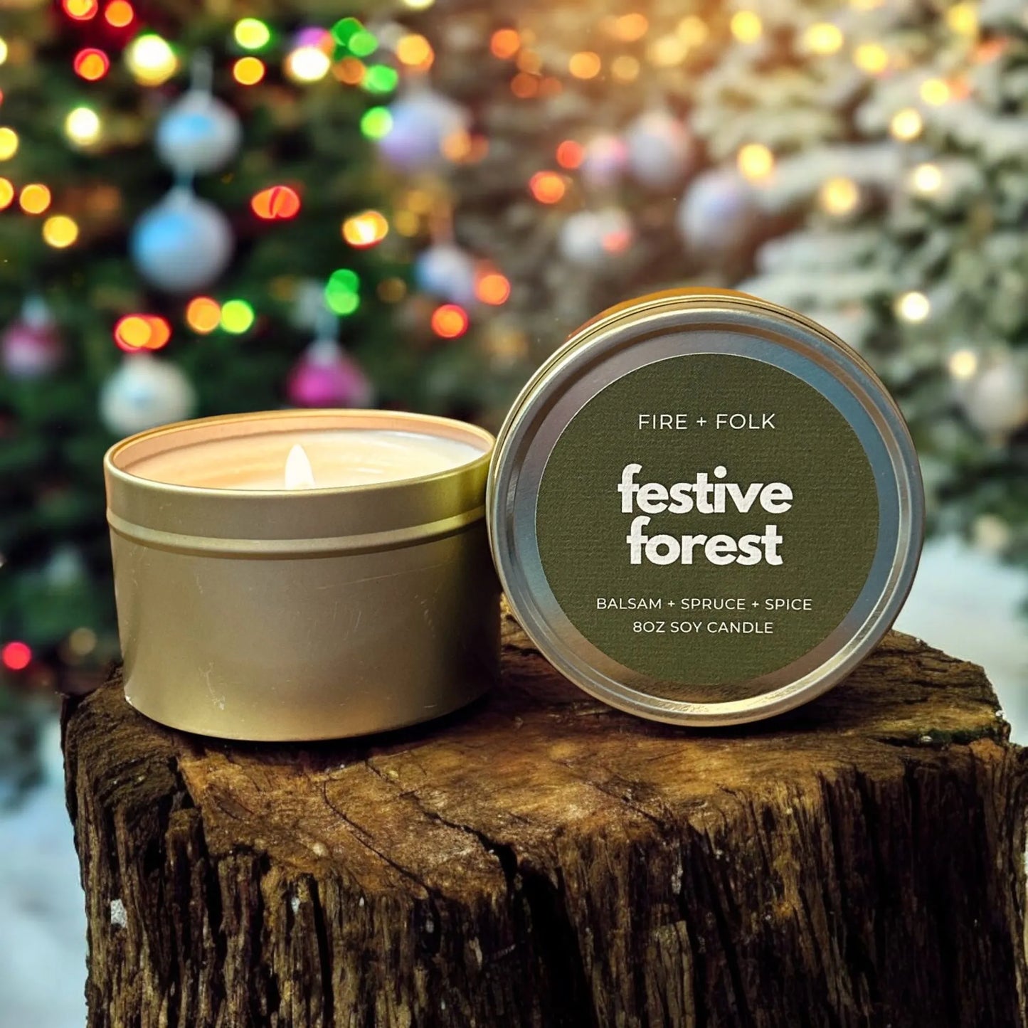 Festive Forest 8oz Soy Candle Tin w/Wood Wick by Fire + Folk