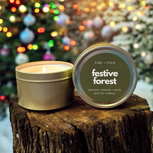 Festive Forest 8oz Soy Candle Tin w/Wood Wick by Fire + Folk