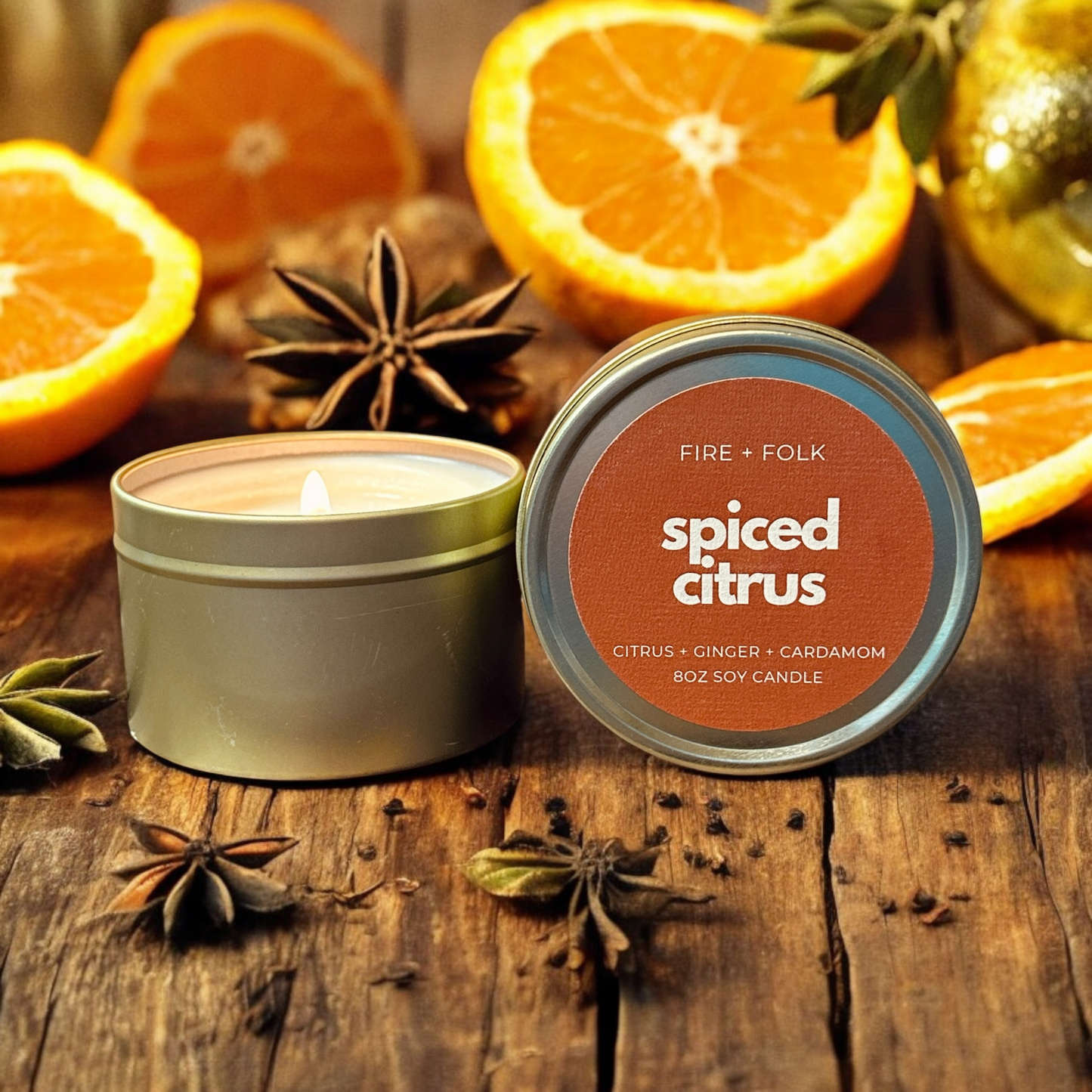 Spiced Citrus 8oz Soy Candle Tin w/Wood Wick by Fire + Folk