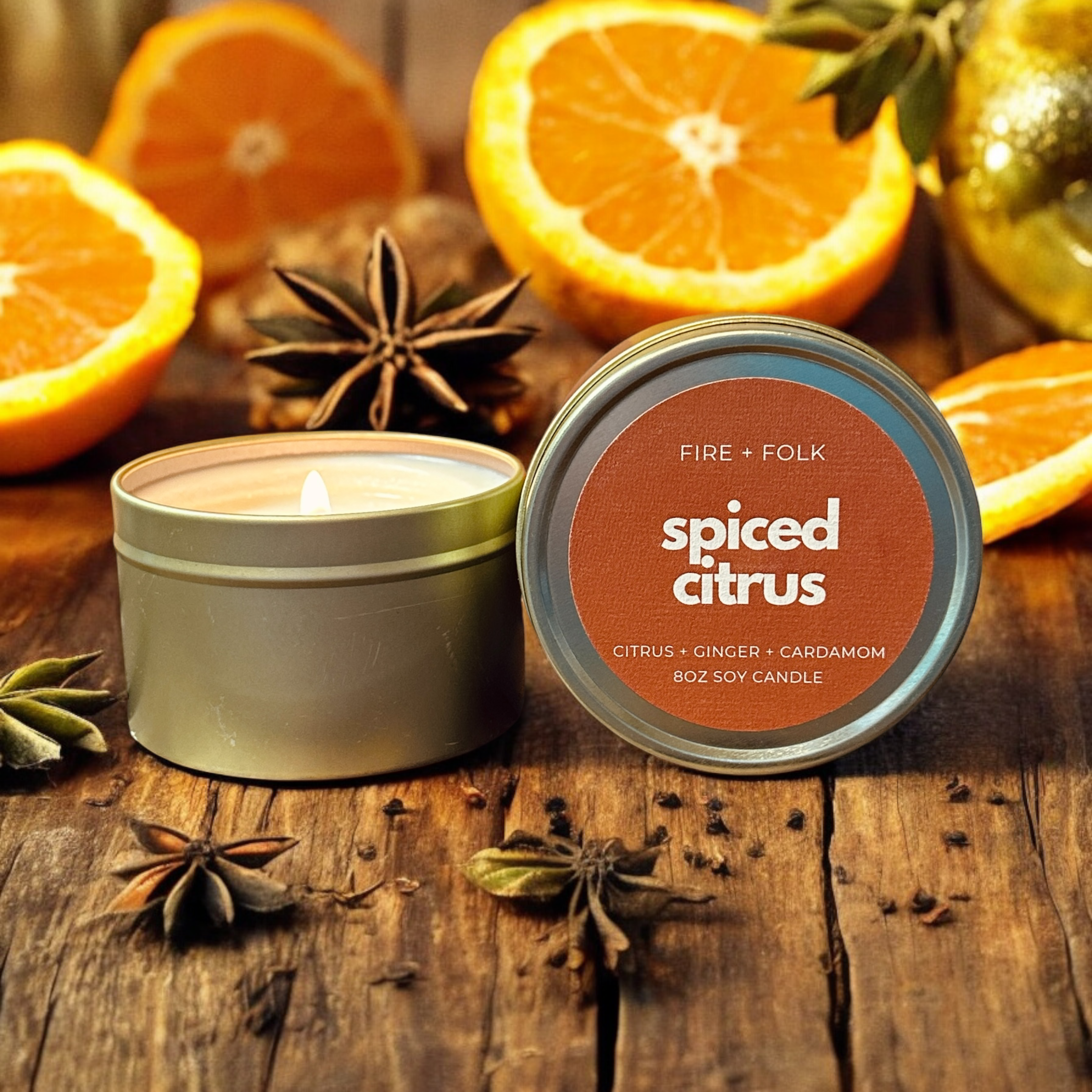Spiced Citrus 8oz Soy Candle Tin w/Wood Wick by Fire + Folk