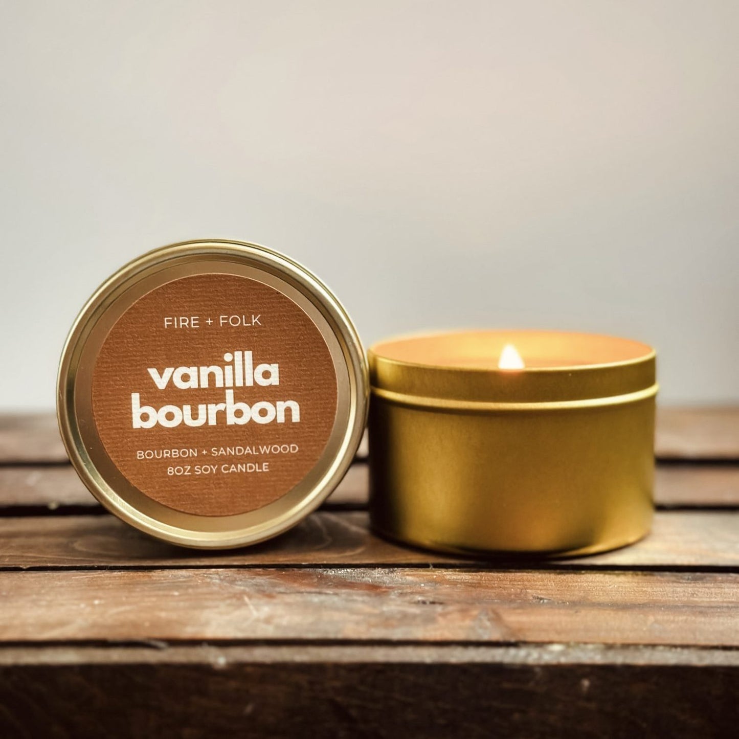 Vanilla Bourbon 8oz Soy Candle Tin w/Wood Wick by Fire + Folk