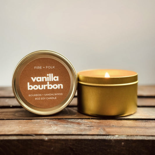 Vanilla Bourbon 8oz Soy Candle Tin w/Wood Wick by Fire + Folk