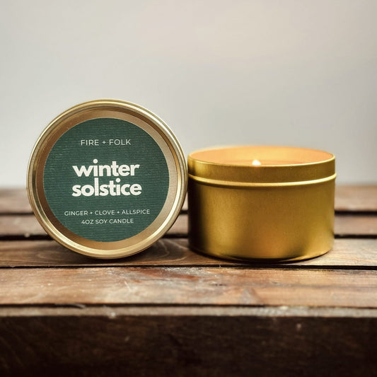 Winter Solstice 8oz Soy Candle Tin w/Wood Wick by Fire + Folk