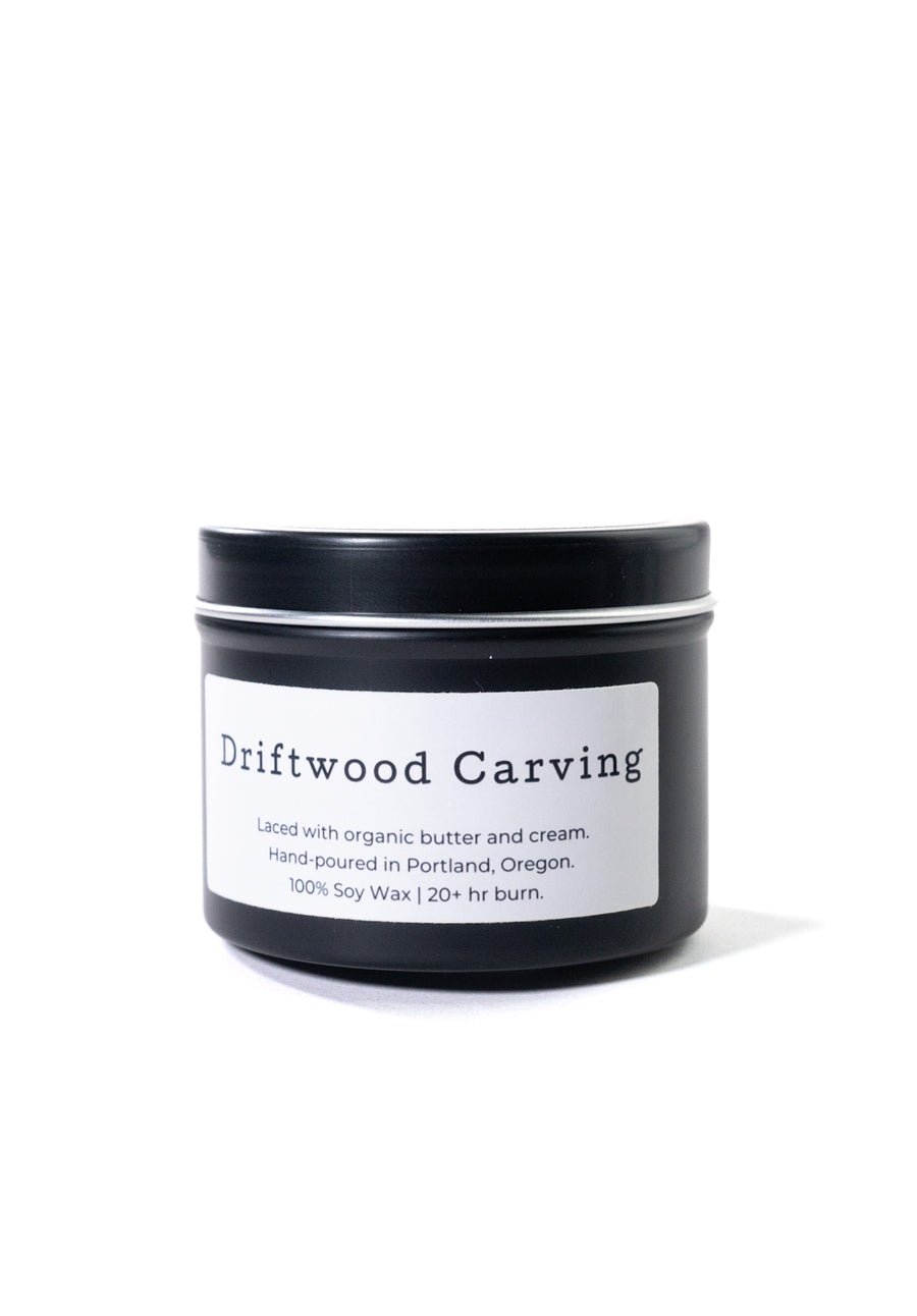 Driftwood Carving 3.5oz Travel tin Candle by Little Cow Co.