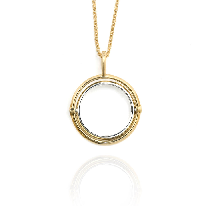 Kinetic Spinning Orbit Brass, Silver, GF Chain 24" Necklace by Emma Brooke Jewelry