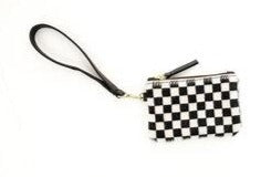 Black and white checkered coin pouch laying on a white background. It has a black, leather wrist strap and a black zipper pull