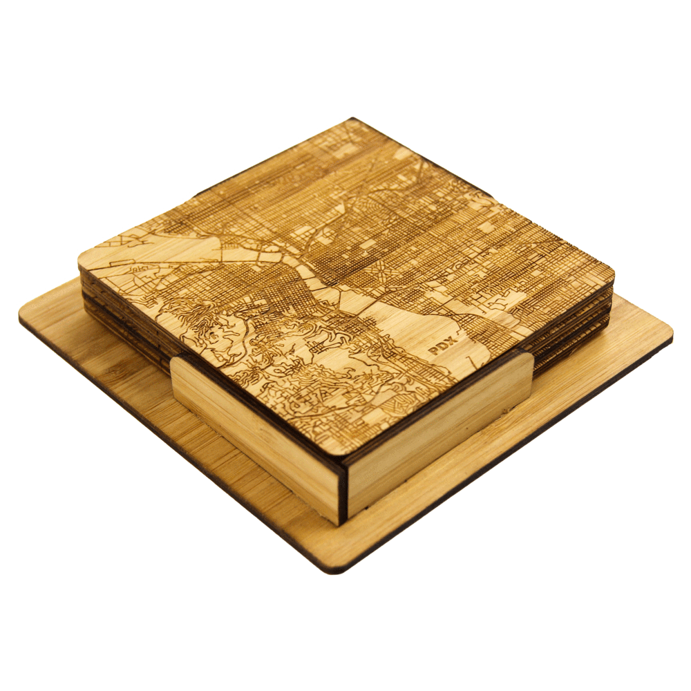 PDX Map Engraved Bamboo Coaster Set by Rustek