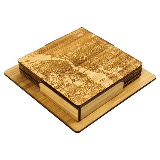 PDX Map Engraved Bamboo Coaster Set by Rustek