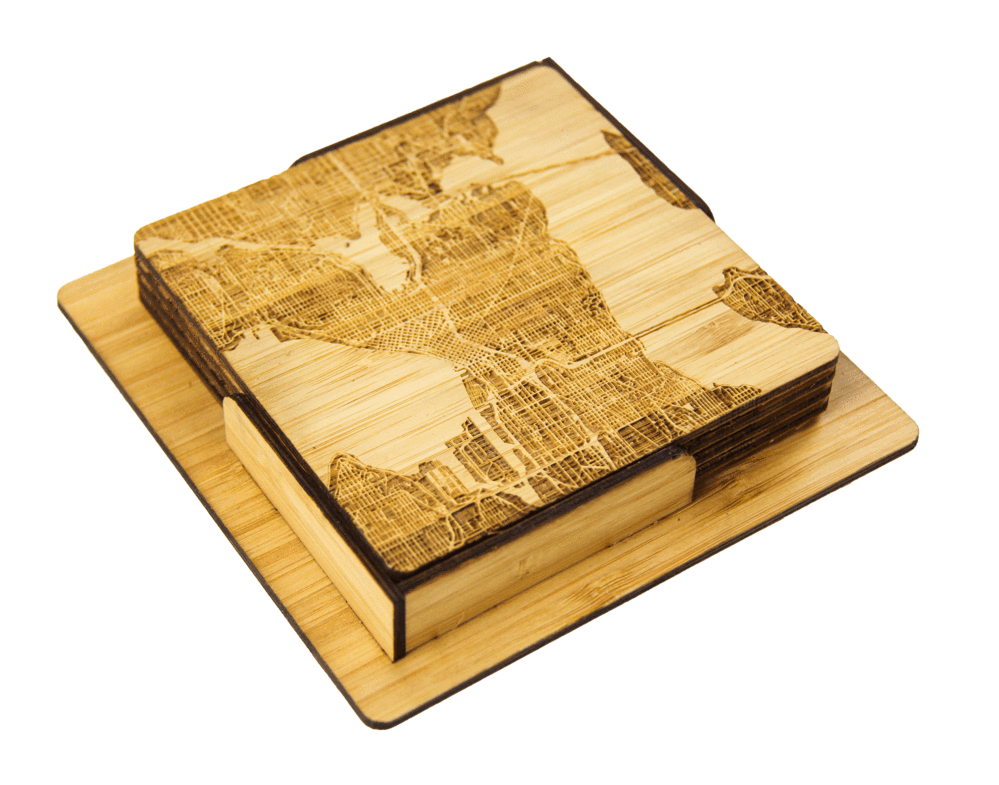 Seattle Map Engraved Bamboo Coaster Set by Rustek